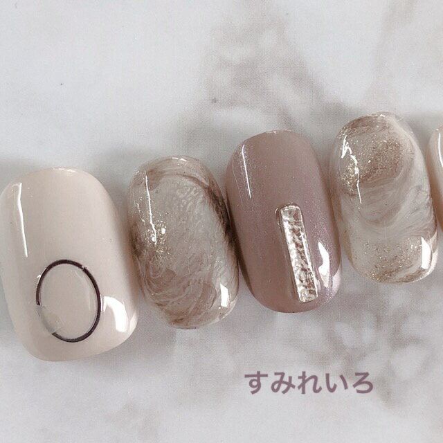 楽天すみれいろネイルネイルチップ つけ爪 デザイン かわいい ショート ロング ブライダル 秋ネイル nail プレゼント 短い爪 小さい爪 大きい爪 ベリーショート ちび爪 大人ネイル 付け爪　ニュアンスネイル　【1662】ベージュグレー系マーブルシルバーパーツ b/ap