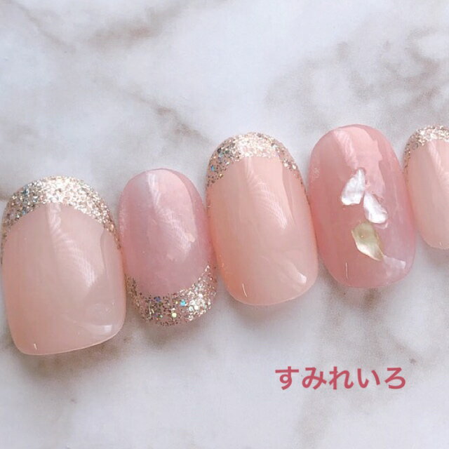 楽天すみれいろネイルネイルチップ つけ爪 デザインネイル かわいい ショート ロング ブライダル 秋ネイル nail プレゼント 短い爪 小さい爪 大きい爪 ベリーショート ちび爪 大人ネイル 付け爪　オフィスネイル　シンプル　　【1692】シアーピンクホロシェルフレンチ　b/ma