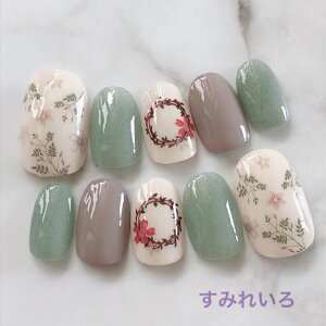 ネイルチップ つけ爪 ブライダルネイル かわいい ショート ロング デザイン 夏ネイル nail プレゼント 短い爪 小さい爪 大きい爪 ベリーショート ちび爪 大人ネイル 付け爪　オフィスネイル　シンプル　　【1795】リースボタニカルグリーンベージュ