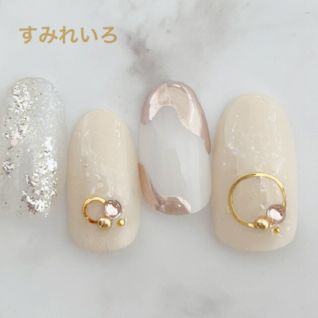 ネイルチップ つけ爪 ブライダルネイル かわいい ショート ロング デザイン 夏ネイル nail プレゼント 短い爪 小さい爪 大きい爪 ベリーショート ちび爪 大人ネイル 付け爪　オフィスネイル　シンプル【1929】アイボリーミラーネイルホイルダスト