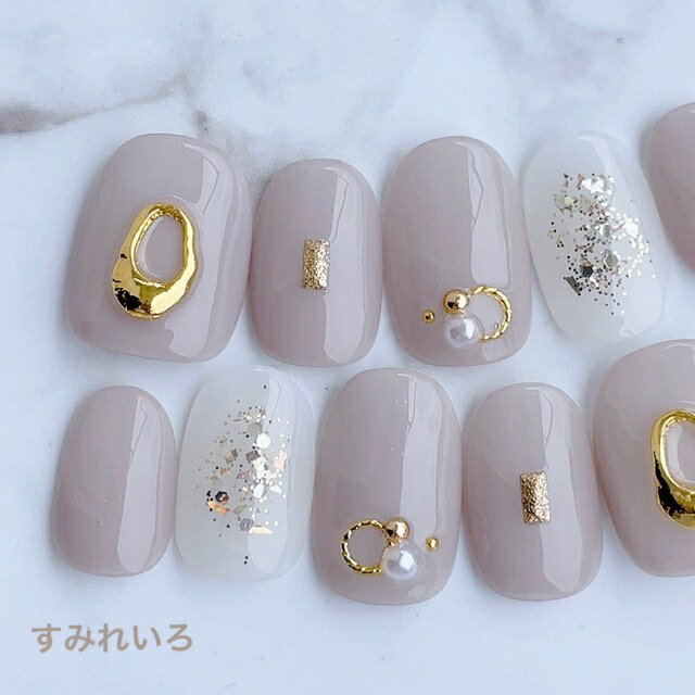 ネイルチップ つけ爪 ブライダルネイル かわいい ショート ロング デザイン 夏ネイル nail プレゼント 短い爪 小さい爪 大きい爪 ベリーショート ちび爪 大人ネイル 付け爪　オフィスネイル　シンプル【1936】シアーグレージュゴールド