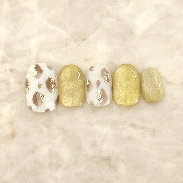 ネイルチップ つけ爪 ブライダルネイル ショート ロング デザイン 大人ネイル nail イエローネイル 小さい爪 大きい爪 ベリーショート ちび爪 フラワーネイル 付け爪　オーダーネイル　お花【2046】レモンイエローマグネットネイルレオパードヒョウ柄