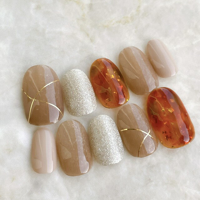 ネイルチップ つけ爪 ブライダルネイル ショート 成人式ネイル オフィスネイル シンプルネイル nail ベージュネイル 小さい爪 大きい爪 ベリーショート ちび爪 大人ネイル 付け爪　オーダーネイル　【o2206】シアーブラウンベージュラメラインアートべっ甲マーブル
