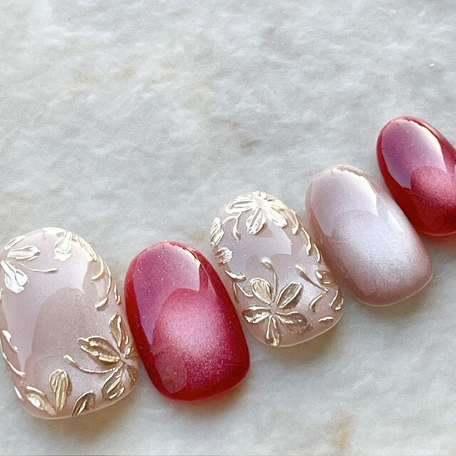 ネイルチップ ｜成人式 ブライダル 結婚式 ｜短い爪 小さい爪 大きい爪｜上品なデザインつけ爪 ウェディング 付け爪ショートから ロングまでオーダーネイル【o2406】レッドマグネットミラーフラワー