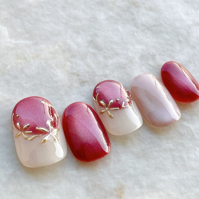 ネイルチップ ｜成人式 ブライダル 結婚式 ｜短い爪 小さい爪 大きい爪｜上品なデザインつけ爪 ウェディング 付け爪ショートから ロングまでオーダーネイル【o2413】ベージュマグネットネイルミラーフラワーレッド