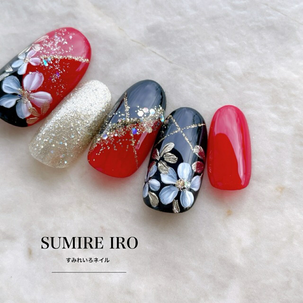 ネイルチップ ｜成人式 ブライダル 結婚式 ｜短い爪 小さい爪 大きい爪｜上品なデザインつけ爪 ウェディング 付け爪ショートから ロングまでオーダーネイル 【o2492】和柄フラワーレッドブラック黒 花着物・振袖・色打掛・浴衣・袴