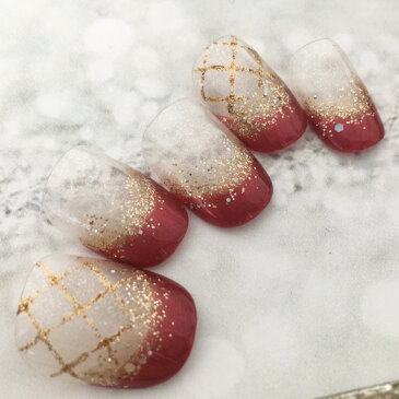 ネイルチップ クリスマス サイズオーダーネイルチップ デザイン 成人式 ブライダル ウェデイング・結婚式ネイル☆♪ショート・短い・小さな爪・オーバル・ラウンドにも対応シンプルネイルチップ☆赤クリスマスレッド×ゴールドチェック