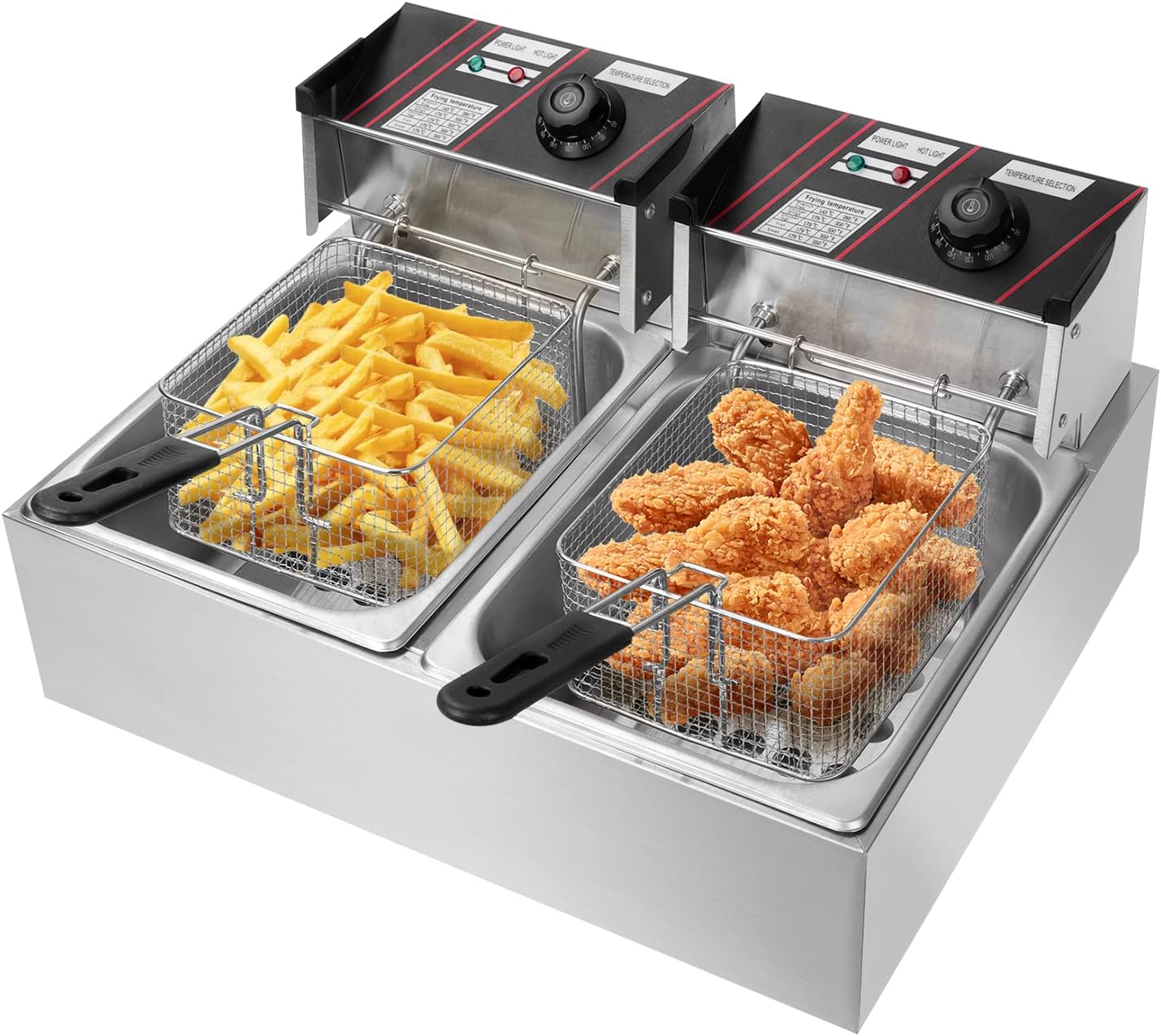 【二槽式で効率UP】6L×2の二槽設計により、異なる食材を同時に調理可能。唐揚げとポテト、天ぷらとフライなどを同時進行でき、調理時間を大幅短縮します。各槽は個別通電対応のため、必要な分だけ使用でき、無駄な電力消費も抑えられます。業務用イベント出店キッチンカーなど、スピードが求められる現場に最適です。【12L大容量設計】合計12Lの大容量で、一度に大量の揚げ物を調理可能。飲食店屋台フードコート文化祭イベントなど、多人数対応のシーンでも安定して提供できます。コンパクトな卓上設計なので、省スペースでも設置しやすく、家庭用としてもパーティーやまとめ調理に活躍します。【温度調整60〜200】ダイヤル式で60〜200まで細かく温度調整可能。食材に応じた最適温度で、外はサクサク、中はジューシーに仕上がります。高感度温度センサーにより、加熱後も安定した温度をキープ。ポテト唐揚げ天ぷら串揚げなど幅広いメニューに対応できます。【個別通電で柔軟対応】2槽それぞれ独立して電源ON/OFFが可能。片側のみの使用もできるため、少量調理から大量調理までシーンに応じて柔軟に対応できます。無駄な稼働を抑えられるため、効率よく運用できるのもポイント。仕込みピークタイムなど、用途に合わせて使い分けが可能です。【ステンレスで簡単清掃】本体は耐久性防錆性に優れたステンレス製。油槽バスケットは取り外し可能で、使用後の洗浄も簡単です。フタのエッジ部分は滑らかに加工されており、手を傷つけにくい安心設計。日々のお手入れがしやすく、清潔な状態を保てます。使用にはご注意ください商品について1.食品級の304ステンレス鋼製で、耐高温性などの利点があり、より健康的に使用することができます。2.タンクの油の高さは、使用時にタンクの深さの1/2以上を保つことをしてください。3.フタはフライヤーを清潔に保ち、保温するためのものなので、フタをする時はフタに水がかからないように注意が必要です。 水滴がフライパンに垂れて、高温の油が飛び散って人に怪我をさせるのを防ぐためです。4.フックとハンドルが付いた、小さめの食材を揚げるための専用揚げ網が付属しています。 揚げ網を油に浸し、揚げ終わったら揚げ網を持ち上げて、本体に吊るし、残った油を濾します。 大きな食材を焼く場合は、フライヤーに直接入れて焼くことができます。5.使用後は、安 全のため温度制御ノブを反時計方向に回し、限界の位置で電源を遮断してください。【ご注意】1. ご到着後、製品に不具合やトラブルがございましたら、どうぞご遠慮なくご連絡くださいますようお願い申し上げます。24時間以内にご返信のうえ、最適な解決策をご案内申し上げます。2. サイズにつきましては実測による計測のため、1～3cm前後の誤差が生じる可能性がございます。何卒ご了承賜りますとともに、実際の商品を基準としてご確認いただけますと幸いです。3. ご使用のモニター環境や撮影時の照明角度の影響により、実際の色合いが掲載写真と多少異なることがございます。予めご理解のほどお願いいたします。【二槽式で効率UP】6L×2の二槽設計により、異なる食材を同時に調理可能。唐揚げとポテト、天ぷらとフライなどを同時進行でき、調理時間を大幅短縮します。各槽は個別通電対応のため、必要な分だけ使用でき、無駄な電力消費も抑えられます。業務用イベント出店キッチンカーなど、スピードが求められる現場に最適です。【12L大容量設計】合計12Lの大容量で、一度に大量の揚げ物を調理可能。飲食店屋台フードコート文化祭イベントなど、多人数対応のシーンでも安定して提供できます。コンパクトな卓上設計なので、省スペースでも設置しやすく、家庭用としてもパーティーやまとめ調理に活躍します。【温度調整60〜200】ダイヤル式で60〜200まで細かく温度調整可能。食材に応じた最適温度で、外はサクサク、中はジューシーに仕上がります。高感度温度センサーにより、加熱後も安定した温度をキープ。ポテト唐揚げ天ぷら串揚げなど幅広いメニューに対応できます。【個別通電で柔軟対応】2槽それぞれ独立して電源ON/OFFが可能。片側のみの使用もできるため、少量調理から大量調理までシーンに応じて柔軟に対応できます。無駄な稼働を抑えられるため、効率よく運用できるのもポイント。仕込みピークタイムなど、用途に合わせて使い分けが可能です。【ステンレスで簡単清掃】本体は耐久性防錆性に優れたステンレス製。油槽バスケットは取り外し可能で、使用後の洗浄も簡単です。フタのエッジ部分は滑らかに加工されており、手を傷つけにくい安心設計。日々のお手入れがしやすく、清潔な状態を保てます。使用にはご注意ください商品について1.食品級の304ステンレス鋼製で、耐高温性などの利点があり、より健康的に使用することができます。2.タンクの油の高さは、使用時にタンクの深さの1/2以上を保つことをしてください。3.フタはフライヤーを清潔に保ち、保温するためのものなので、フタをする時はフタに水がかからないように注意が必要です。 水滴がフライパンに垂れて、高温の油が飛び散って人に怪我をさせるのを防ぐためです。4.フックとハンドルが付いた、小さめの食材を揚げるための専用揚げ網が付属しています。 揚げ網を油に浸し、揚げ終わったら揚げ網を持ち上げて、本体に吊るし、残った油を濾します。 大きな食材を焼く場合は、フライヤーに直接入れて焼くことができます。5.使用後は、安 全のため温度制御ノブを反時計方向に回し、限界の位置で電源を遮断してください。【ご注意】1. ご到着後、製品に不具合やトラブルがございましたら、どうぞご遠慮なくご連絡くださいますようお願い申し上げます。24時間以内にご返信のうえ、最適な解決策をご案内申し上げます。2. サイズにつきましては実測による計測のため、1～3cm前後の誤差が生じる可能性がございます。何卒ご了承賜りますとともに、実際の商品を基準としてご確認いただけますと幸いです。3. ご使用のモニター環境や撮影時の照明角度の影響により、実際の色合いが掲載写真と多少異なることがございます。予めご理解のほどお願いいたします。