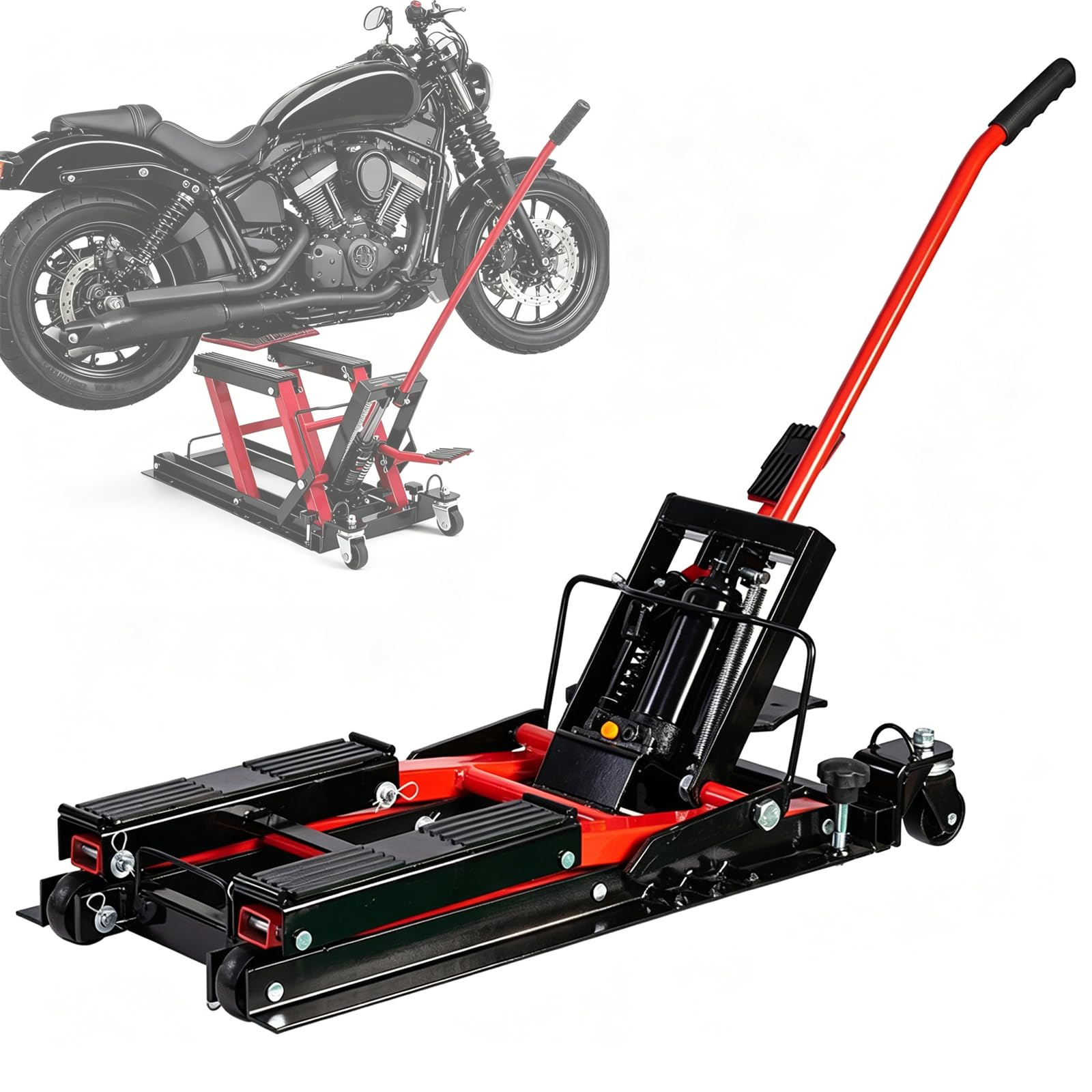 油圧バイクジャッキ バイクリフトスタンド 耐荷重1500LBS 3段階安全ピン付き 360°...