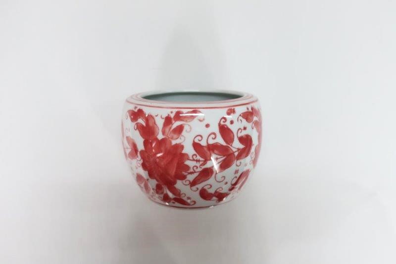 上質 中国産 手あぶり火鉢 赤 花柄 高さ10cm 花瓶、小物入れなどにも