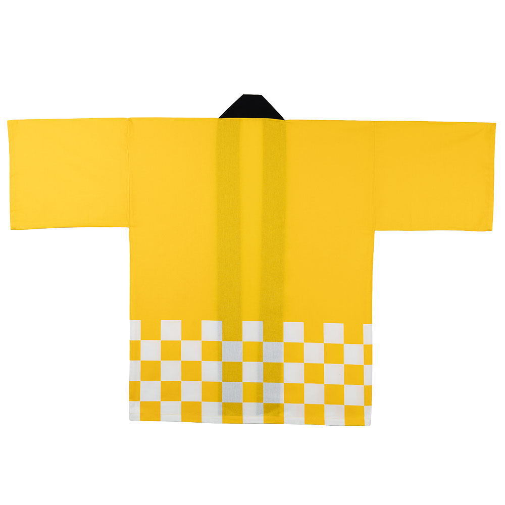 腰柄入り黒衿法被　市松柄　黄色　大人用フリーサイズ　[ はっぴ ハッピ 半纏 袢纏 半被 祭り 衣装 祭り用品 お祭り用品 お祭り お祭り衣装 祭り衣装 イベント セール 大安売り ]
