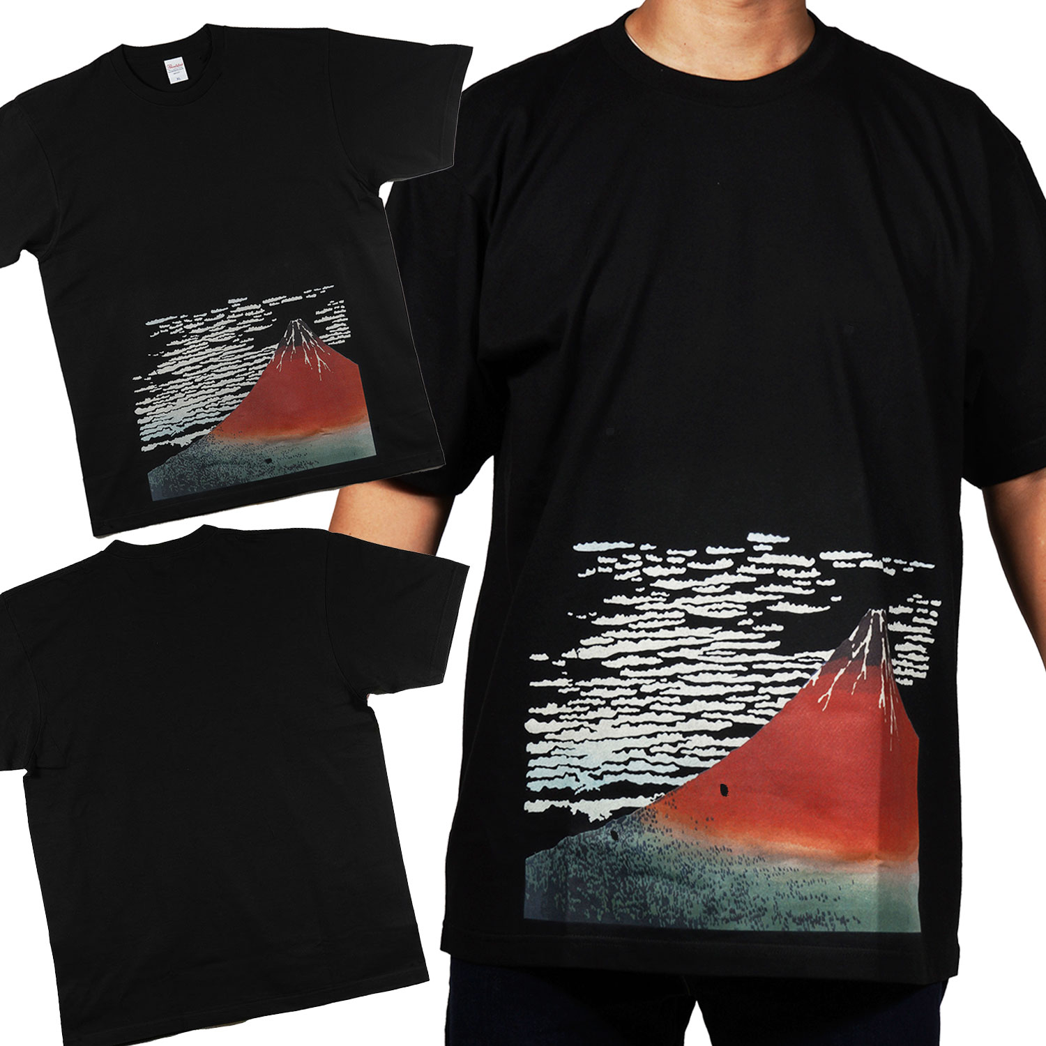 和柄Tシャツ　赤富士　黒色　M・L・XLサイズ　葛飾北斎　富嶽三十六景　[ お祭り用品 祭り用品 和柄Tシャツ ブラックTシャツ 日本土産 おみやげ MIYAGE 和製 NIPPON ]