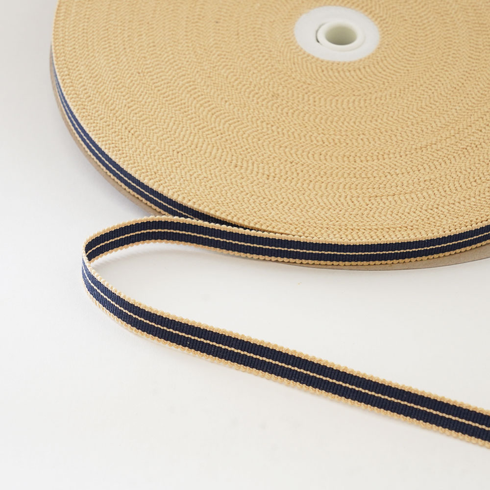 お祭り用品　箱紐（平紐）紺端ベージュと1本線【#205】一巻（巻き売り）　幅：12mm／長さ：60m　[ はこ..