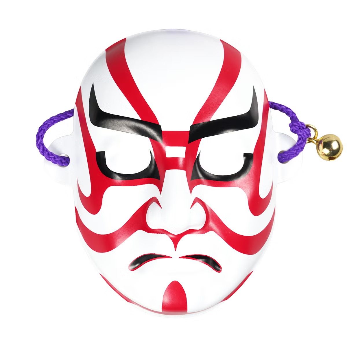 商品説明 日本の伝統芸能である歌舞伎から、筋隈（すじくま）デザインのミニお面が登場！ 手のひらサイズのお面で、身に着けて楽しむのはもちろん、日本らしさを感じられるアイテムとして、海外の方へのお土産にもどうぞ！ ストッパーのプッシュボタンを押しながら固定したい位置にスライドするだけで、簡単にお面を付けられます。 サイズ よこ : 約9.8cm （ひも穴箇所含む） たて : 約10.7cm 高さ : 3.0cm ※当店スタッフによる平置きでの採寸ですので、実際の商品と若干寸法が異なることがあります。目安としてご確認ください。 素材 本体 : PVC ひも : ポリエステル 鈴 : 鉄・銅 ストッパー : PP 生産国 中国製 商品のご購入はこちら