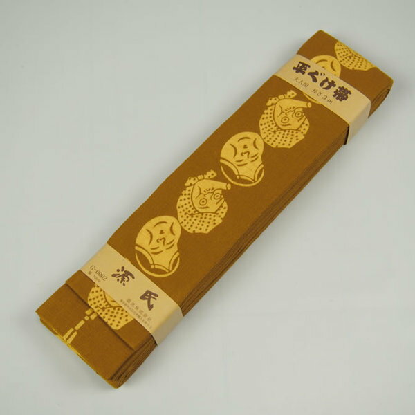 源氏 平ぐけ帯　柄 : おかめ・ひょっとこ　金茶　[ お祭り用品 祭り 衣装 祭り用品 お祭り お祭り衣装 祭り衣装 帯 おび 男 女性 着物 角帯 和柄 細角帯 大人用帯 ひらぐけ ]