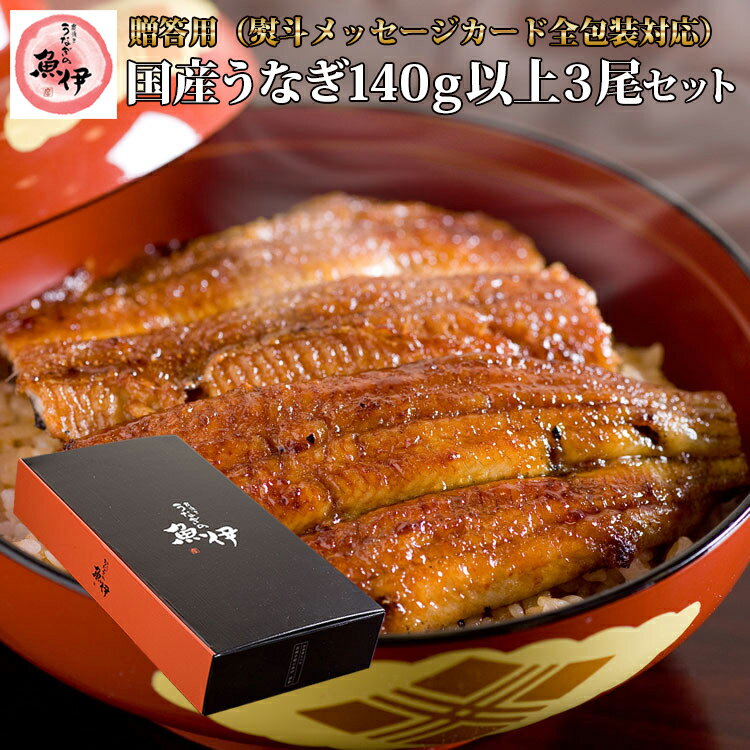 【百貨店共通ギフト】地焼き蒲焼3尾セット（1尾あたり140g〜159g）全包装・熨斗・メッセージカード対応〔炭焼きうなぎの魚伊/国内産ウナギ使用/中元/歳暮/ギフト/土用丑/ 鰻/国内産/誕生日/プレゼント/グルメ/お祝い〕_