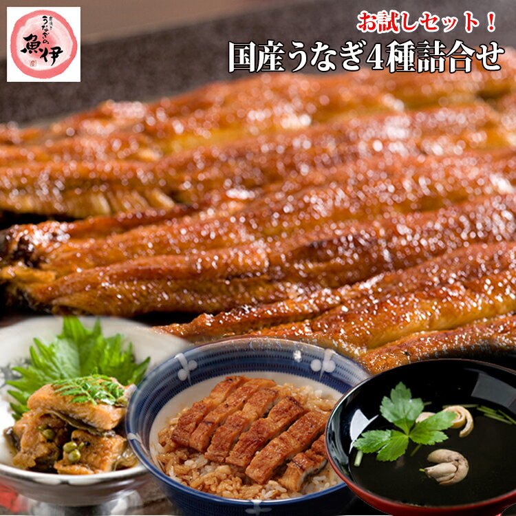 楽天限定【送料無料のお試しセット】地焼き蒲焼き・鰻のやわらか煮・ふわっと鰻丼の素・肝すい ご自宅用に段ボール/包装・熨斗紙・メッセージカード不可/お試し送料無料商品〔炭焼きうなぎの魚伊/国内産ウナギ使用〕_