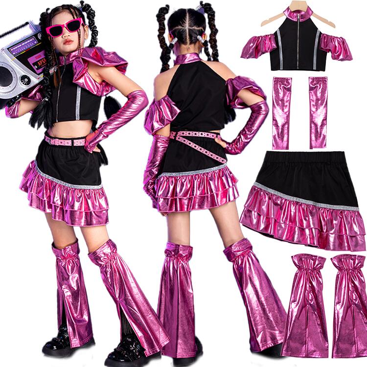 キッズ ダンス ダンス衣装 Y2K ヒップホップ スカート チアガール へそ出し キラキラ ピンク jazz セットアップ 女の子 トップス レッグウォーマー ジャッ 上下 キッズダンス衣装