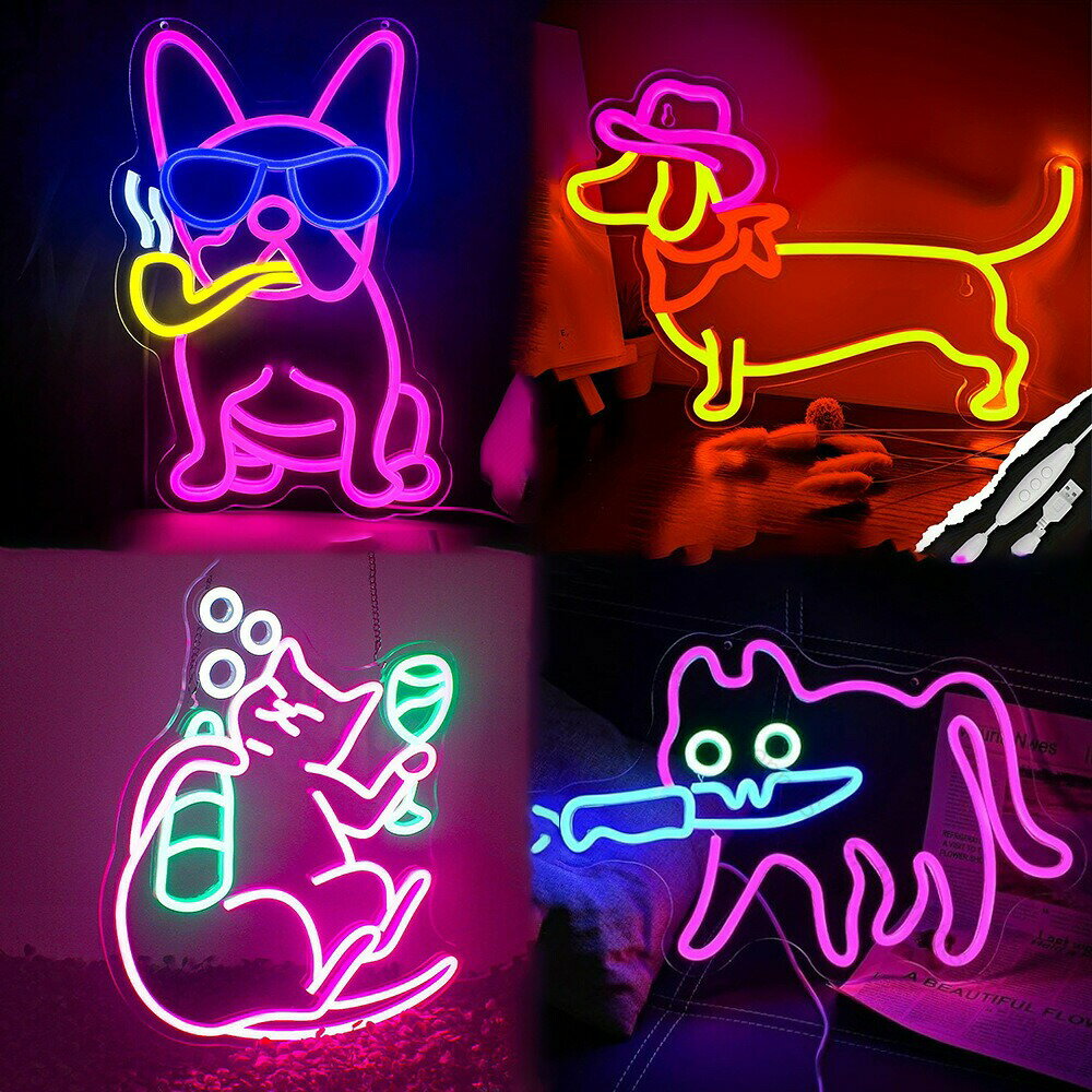 商品紹介【目を引くカラフルデザイン】犬/猫のネオンライトは、お部屋に楽しさと遊び心を追加します! サングラス付きの犬のデザインは非常に人目を引いてクールです。 LEDネオンサインは明るい青色の光を放ち、ご自宅に暖かい雰囲気を加えます。【段階的な明るさ調節機能】付属の調光スイッチで「+」「-」ボタン操作で明るさを 10%〜100% まで自由に調整可能。電源を切った際の設定が記憶されるため、繰り返して使用する際も簡単に好みの明るさを再現できます。昼寝時の落ち着いた照明からテレビ視聴時の適度な明るさまで、シーンに合わせた使い方が可能です。【低消費電力&耐久性】5V 低電圧の省エネ仕様と長寿命の電極システムを採用。高品質アクリル製のボディは軽量で耐衝撃性に優れ、騒音発生もなく、長時間の使用にも適しています。環境負荷を軽減しながら、長期間ご利用いただけます。【組み立て不要!簡単取り付け】属のフック付きシルバーチェーンにより、壁面や棚に簡単に吊り下げ可能。チェーンのデザインが部屋のインテリアに馴染み、傾きを防ぐ固定構造で落下の心配もありません。工具不要の取り付けで、誰でも手軽に飾り替えができます。【多用途な適用シーン】自宅のリビング、ペットショップ、カフェ、バーなどの商業施設、さらには屋外の庭やイベント会場での装飾にも適します。誕生日、クリスマス、ハロウィーンなどの記念日に、家族や友人、同僚に贈ると喜ばれる完璧なギフトです。ペットとのコラージュやカスタムスペースにぜひ活用してください。指定された配送時間は承っておりません。【】犬ネオンサイン かわいいめがね犬LED ブルドッグ(37x26cm) ダックスフント(35x25cm) メガネ犬(36x32cm) タバコブルドッグ(28x40cm) スケボー犬(40.5x32cm) カウボーイ犬(42x31cm) 酔っ払い猫(40.5x32.8cm) カウボーイ猫(42x31cm) ナイフ猫(43x31.5cm)