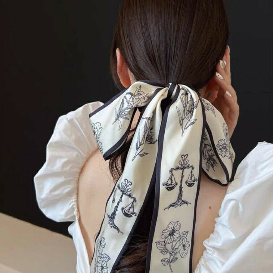 ロングリボンシュシュ ヘアゴム 花柄シュシュ 上品 大人可愛い レディースヘアアクセサリー おしゃれ カジュアル