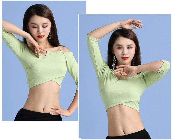 サマー楽天市場店のベリーダンス トップス 5分袖 リブ セクシー ダンス 衣装 ダンスウェア レッスン着 練習着 ステージ衣装 演出服 フィットネス レッスンウェア ブラック M グリーン イエロー ホワイト｜アングル2