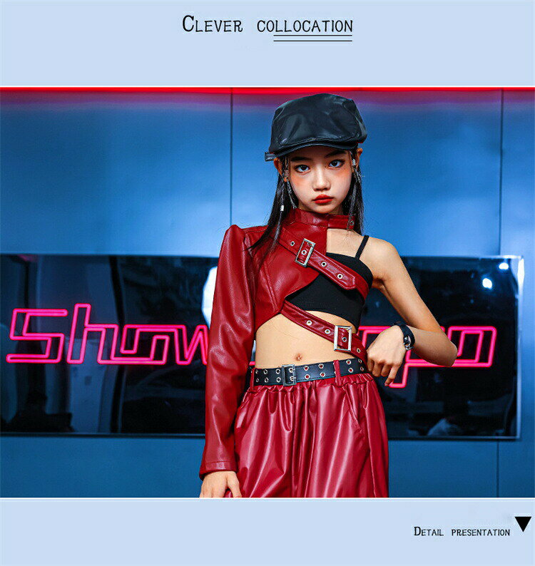 女の子 レザー キッズ ダンス衣装 へそ出し ワインレッド 長袖 無袖 セットアップ レザーズボン ロングパンツ 子供服 ヒップホップ ゆったり ス HIPHOP ダンス summerks-10011511 サマー楽天市場店 サンプル画像3