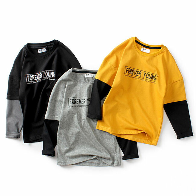 Rakuten - 長袖Tシャツ 男の子 秋 Tシャツ 偽二枚 カットソー 春 クルーネック コットン 子ども トップス フェイクレイヤード おしゃれ ジュニアTシャツ ボーイズ ブラック グレー イエロー