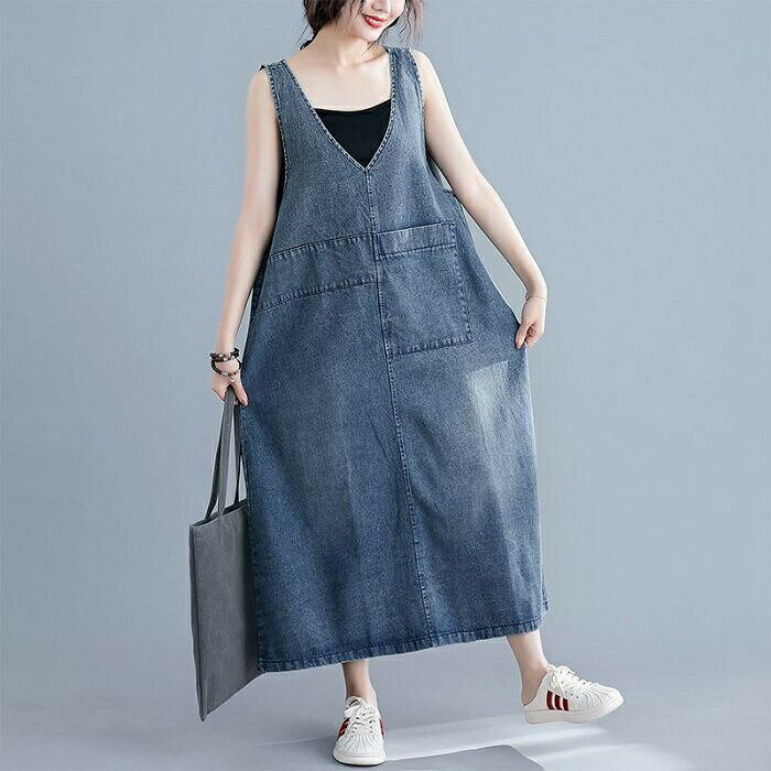 レディース ワンピース デニムジャンパースカート デニムサロペットスカート パーカー Vネック ロング 大きいサイズ 春 夏 マキシ丈 Aライン 体型カバー 20代30 きれいめ 大人 ゆったり