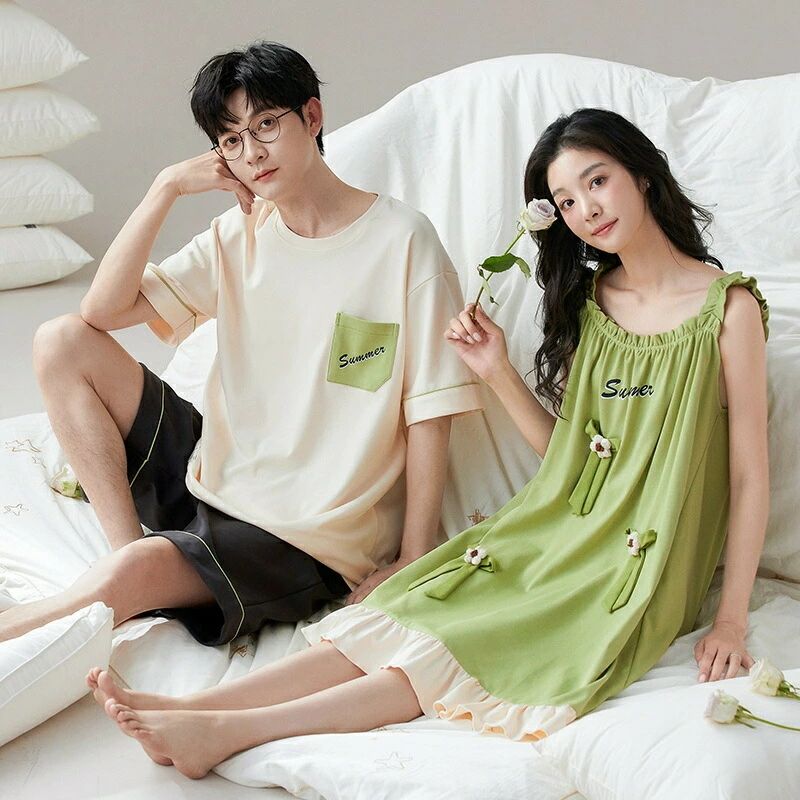 Rakuten - ギフト おしゃれ カップル 上下セット 半袖 夏 男女2着 ペア パジャマ セット 春夏 レディース メンズ ルームウェア ワンピース 綿100% プレゼント 結婚祝い ペアパジャマ