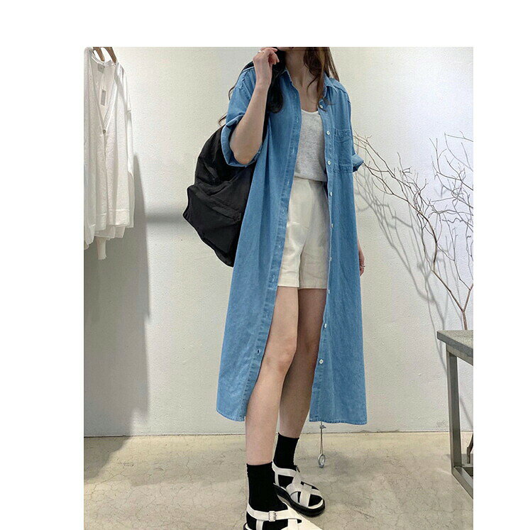 サマー楽天市場店のコットン 綿 ロングデニムシャツ フロントボタン ワンピース 半袖 レディースファッション ゆったり 楽ちん オーバーサイズ 体型カバー マタニティ ふんわり ワン 60代 50代 カジュアル｜アングル2