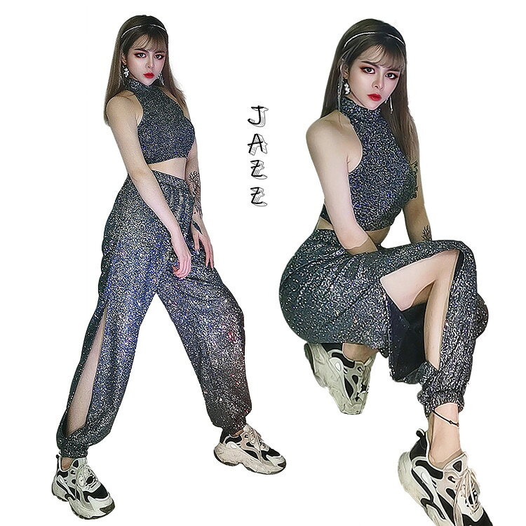 シルバー スパンコール 衣装 韓国 ダンス衣装 セット レディース キラキラ スパンコール衣装 ds 社交ダンス衣装 k-pop アイドル 上下セット パンツ ファッション ダンス 演出服