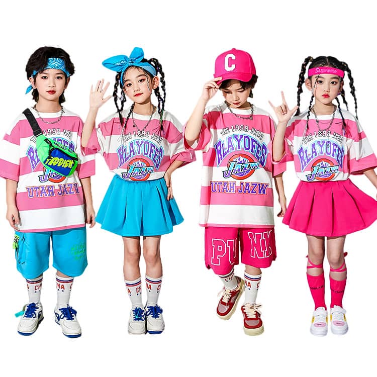 Rakuten - キッズダンス 衣装 ヒップホップ ダンス衣装 女の子 スカート ボーダー柄 tシャツ パンツ 子供服 ファッション キッズダンス衣装 セットアップ ステージ衣装 チアガール 体操服 男の子