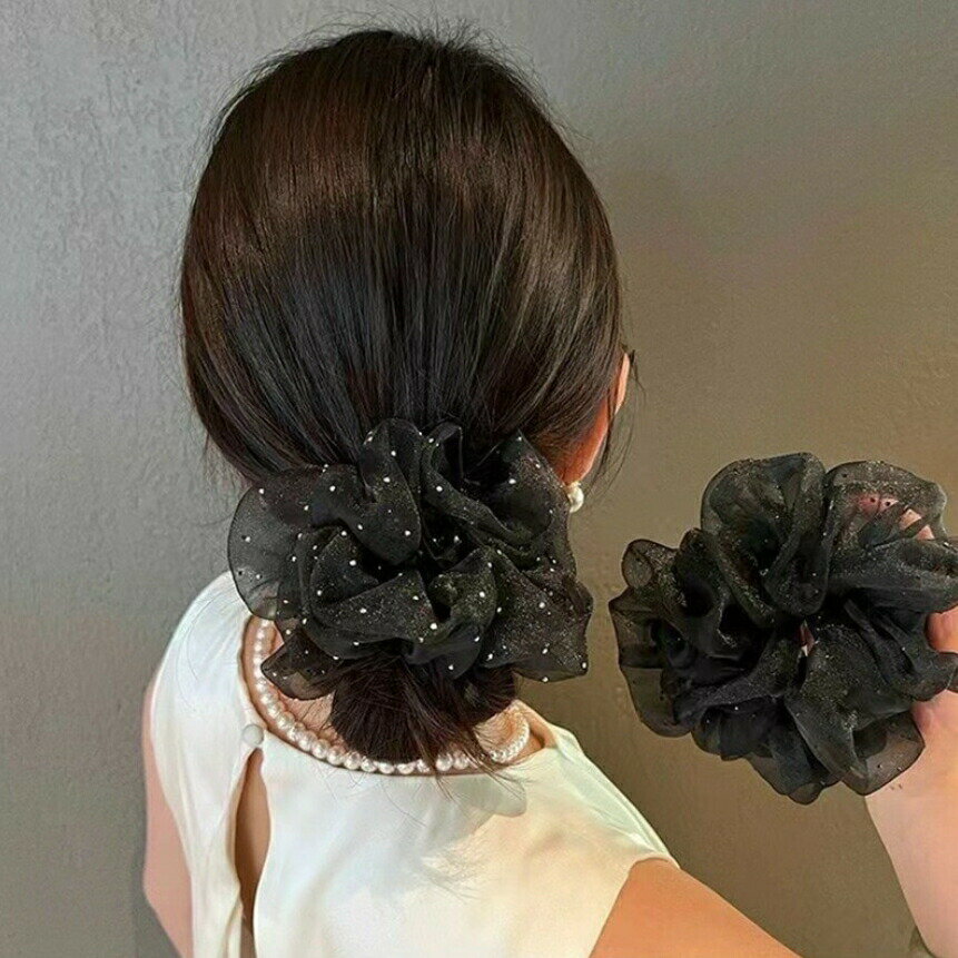 Rakuten - キラキラシュシュ ヘアゴム ラインストーン シフォン ブラック おしゃれ 上品 大人可愛い レディースヘアアクセサリー 春夏