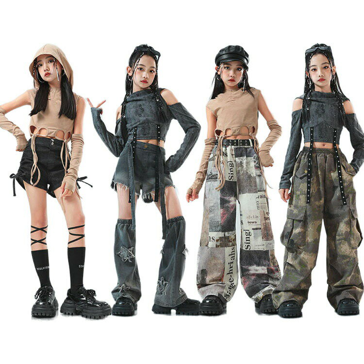 キッズ へそ出し トップス ダンス衣装 女の子 セットアップ デニムパンツ 長袖tシャツ 茶色 灰 ワイドパンツ かっこいい 韓国 チアガ レッグウォーマー ヒップホップ k-pop衣装の商品画像