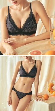 \送料無料/ブラレット ドット柄 レトロ ノンワイヤー レースブラレット シースルー 解放感 ノンパテッドブラ ブラレット 三角ブラ セット 透け感 ノーカップ ノンパッド レース ブラショーツ 下着 ランジェリー セクシー ナイトブラ 魅せブラ ドット 水玉