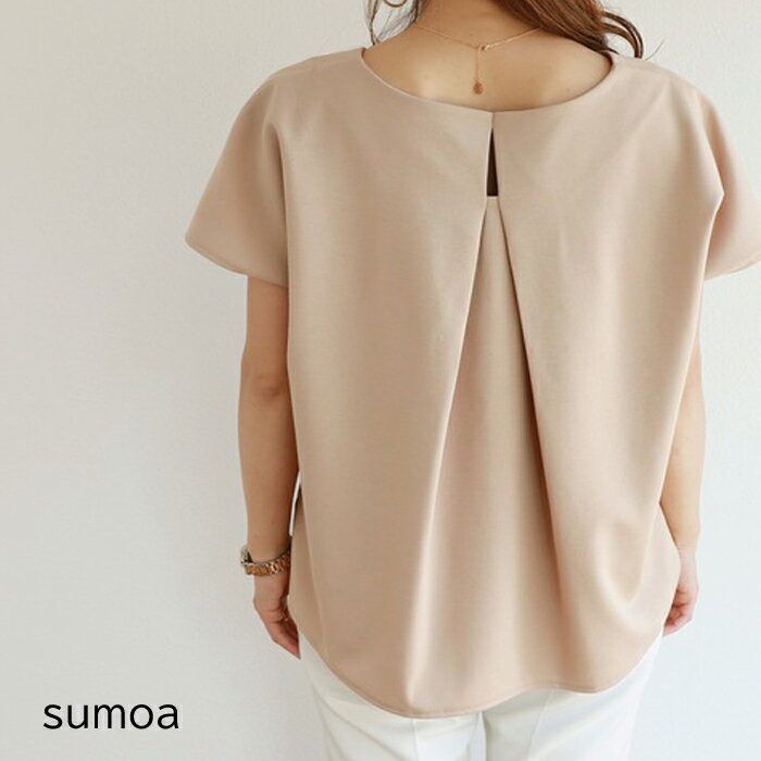 【半額クーポン対象】フレンチスリーブカットソー　バックタックTシャツ　テールカット　プルオーバー　バックコンシャス　半袖　トップス　ゆったり　二の腕カバー　レディース　春夏　定番　無地　上品　大人　高見え　OL　通勤のサムネイル