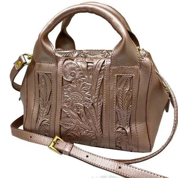 【中古】カービングバッグ Carving Tribes bonita ショルダーバッグ レザー 牛側 彫刻 ミセス レディース ピンク ピンクベージュ サーモンピンク ハンドバッグ 2WAY【ブランドギャラリー東心斎橋店】