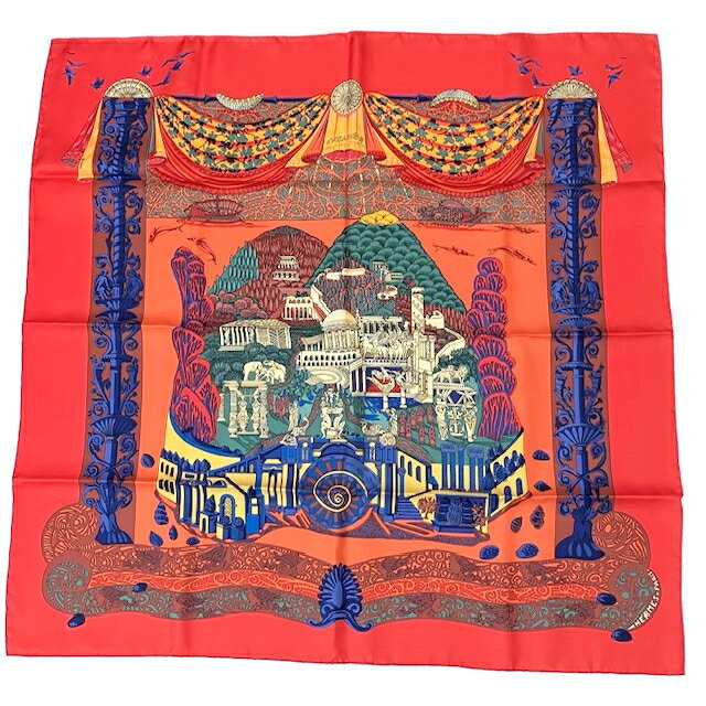 【中古】HERMES エルメス カレ90 スカーフ アトランティス大陸 L’ATLANTIDE シルク100% オレンジ 大判スカーフ レディース【ブランドギャラリー駒川店】