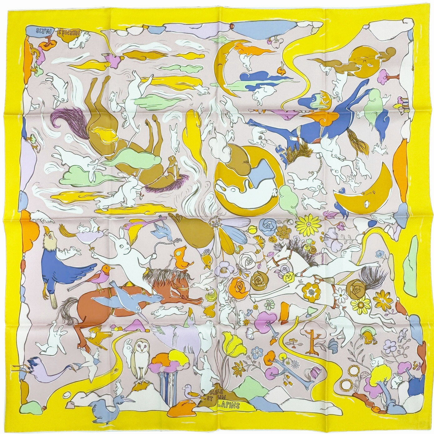 【新品】エルメス HERMES カレ90 千と一のウサギ MILLE ET UN LAPINS 23SS 2023年秋冬コレクション スカーフ 新作 シルク レディース ジョーヌ ローズプードル マルチカラー イエロー ウサギ 兎 ホース ウマ 馬【ブランドギャラリー心斎橋店】のサムネイル