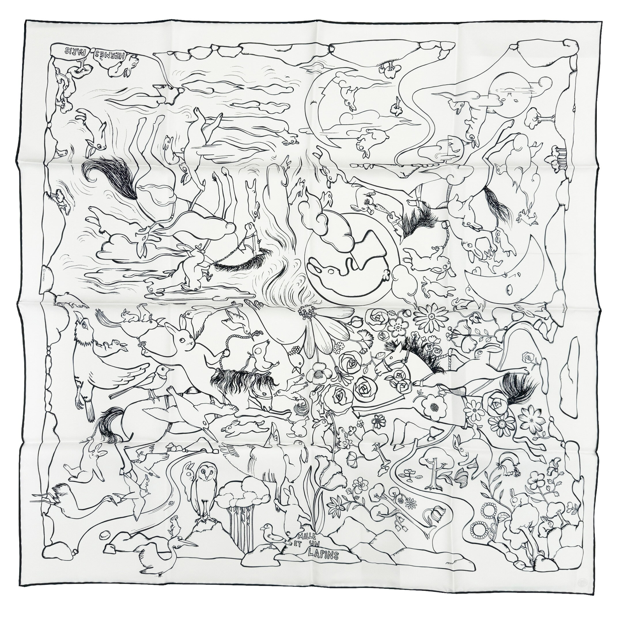 【新品】エルメス HERMES カレ90 千と一のウサギ MILLE ET UN LAPINS 23SS 2023年秋冬コレクション スカーフ 新作 シルク レディース ブラン ノワール 白 黒 ウサギ 兎 ホース ウマ 馬【ブランドギャラリー心斎橋店】のサムネイル