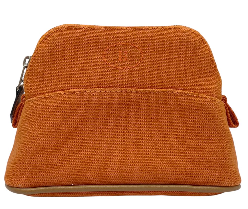 【新品同様】HERMES エルメス ボリードポーチ ミニミニ キャンバス オレンジ シルバー金具 Hロゴ 小物入れ コスメポーチ トワル コットン レディース ...