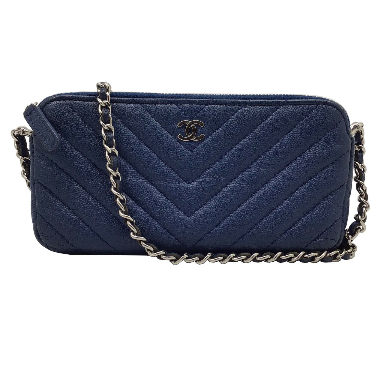 【中古】CHANEL　シャネル　チェーンウォレット　A82527　Vステッチ　キャビアスキン　シルバー金具　ブルー　ショルダーバッグ　シェブロン　グレインドカーフレザー　レディース　【ブランドギャラリー東心斎橋店】のサムネイル