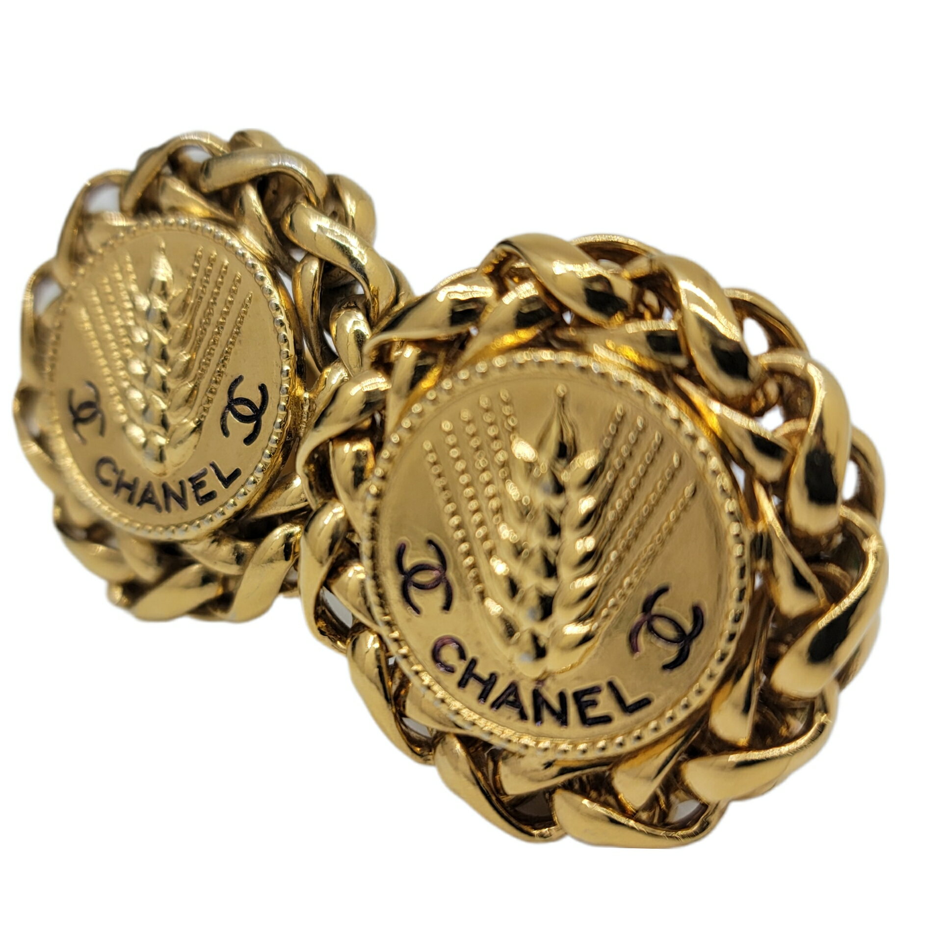 【中古】CHANEL　シャネル　イヤリング　麦の穂　ゴールド　メッキ　シェブロン　円形　CCロゴ　ココマーク　アクセ　アクセサリー　イヤーアクセ　小物　レディース　ヴィンテージ【ブランドギャラリー東心斎橋店】