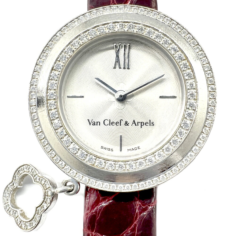 【中古】Van cleef & arpels ヴァンクリーフ&アーペル チャーム ミニウォッチ ダイヤモンド K18WG シルバー文字盤 HH36687 腕時計 時計 レディース 女性用 革 【ブランドギャラリー東心斎橋店】