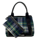 【中古】バレンシアガ　BALENCIAGA　339933　ネイビー カバ S　ポーチ付　NAVY　CABAS　S　ウール　レザー　グリーン　ブラック　ホワイト　レディース トートバッグ　チェック【ブランドギャラリー心斎橋店】