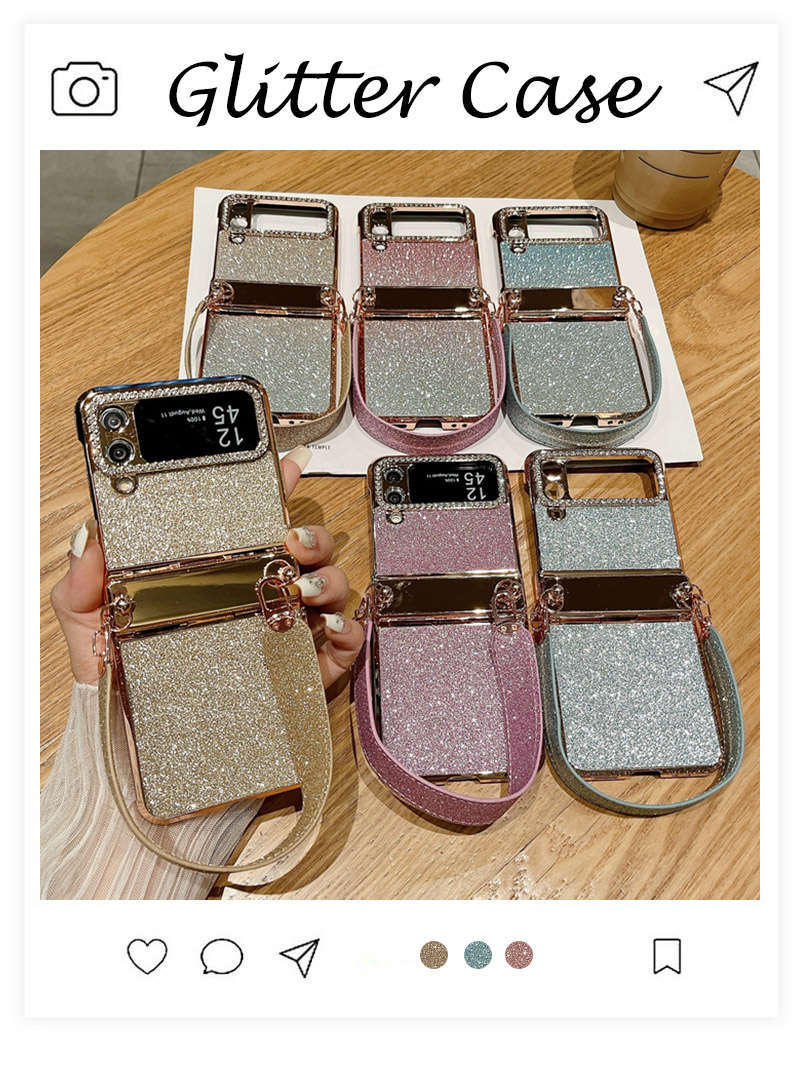 スマホケース　Galaxy Z Flip4/Flip3 5G ケース カバー Galaxy Z Flip3 ケース Galaxy Z Flip4 カバーGalaxy Z Flip3 カバー 背面保護　キラキラ かわいい ハンドル付き 背面型 耐衝撃 Galaxy Z Flip4 ケース ストラップ付き