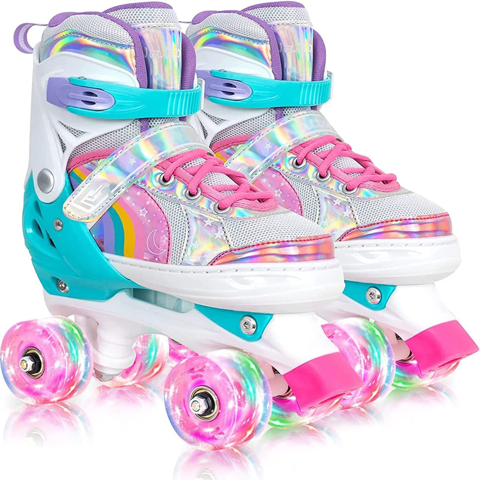 Pink ホイールタイプ インラインスケートホイール ソール素材 ゴム 留め具タイプ バックル 材質 フェイクレザー 【初心者向け設計】子供用のローラースケートには、スケートを始めると自動的に点灯する8つの照明ホイールが付いています。ローラ...