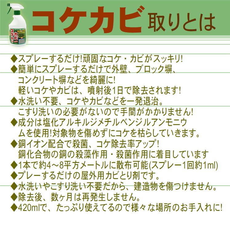 コケ取りカビ取りコケカビ取り【420mlx2本組】コケカビ掃除除去防止スプレーこけかび苔コケ取りカビ取り外壁墓石ベランダ門柱玄関ブロック塀コンクリート黒ずみそうじ防錆剤掃除用品トーヤク屋外用こけ掃除カビ掃除日本製送料無料