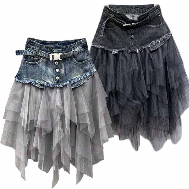 デニムスカート チュールスカート レディーススカート 切り替え ハイウエスト スカート ジャズダンス ..