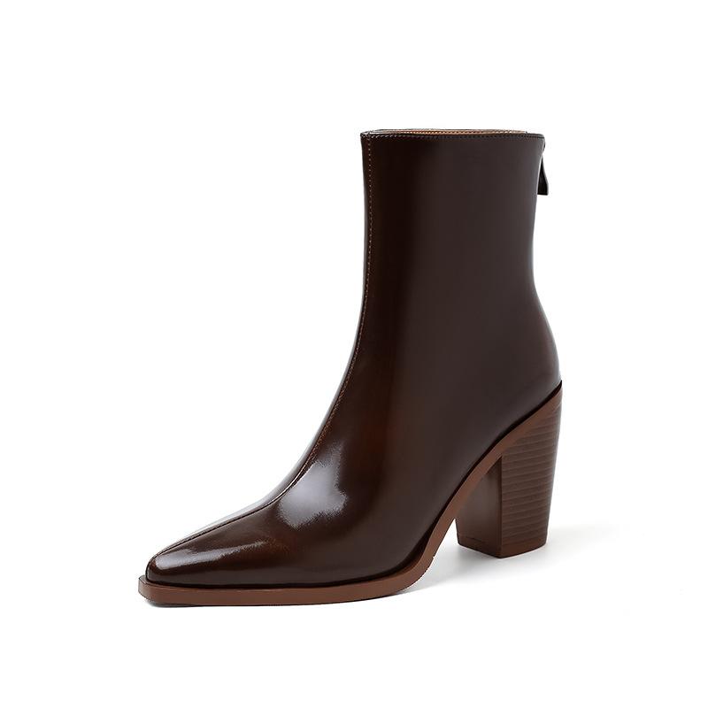 ショートブーツ レディース 大きいサイズ ゆったり 本革 牛革 欧米風 ポインテッドトゥ 高ヒール 太ヒ..